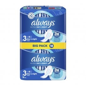 Always Ultra Day & Night Sanitary Towels With Wings Size 3 18's