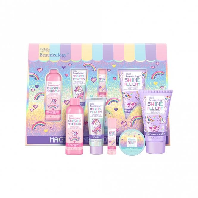 Baylis & Harding Beauticology Magical New Adventures Gift Set50ml Tube Unicorn Candy Body Wash, 30ml Tube Unicorn Candy Hand Cream, 60ml Bottle Strawberry Candy Shower Creme, 70g Peppermint Candy Bath Salts, 5g Strawberry Candy Lip Balm