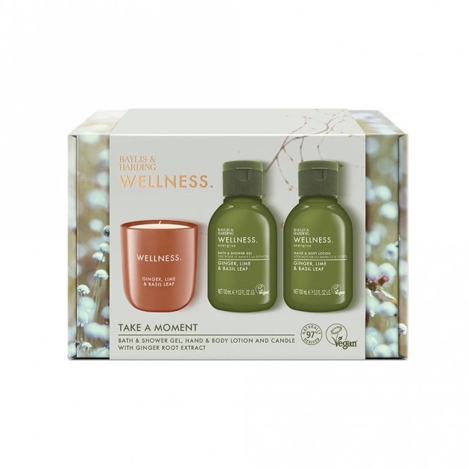 Baylis & Harding Wellness Take A Moment Gift Set100ml Bottle Bath & Shower Gel, 100ml Bottle Hand & Body Lotion, 48g Fragranced Candle