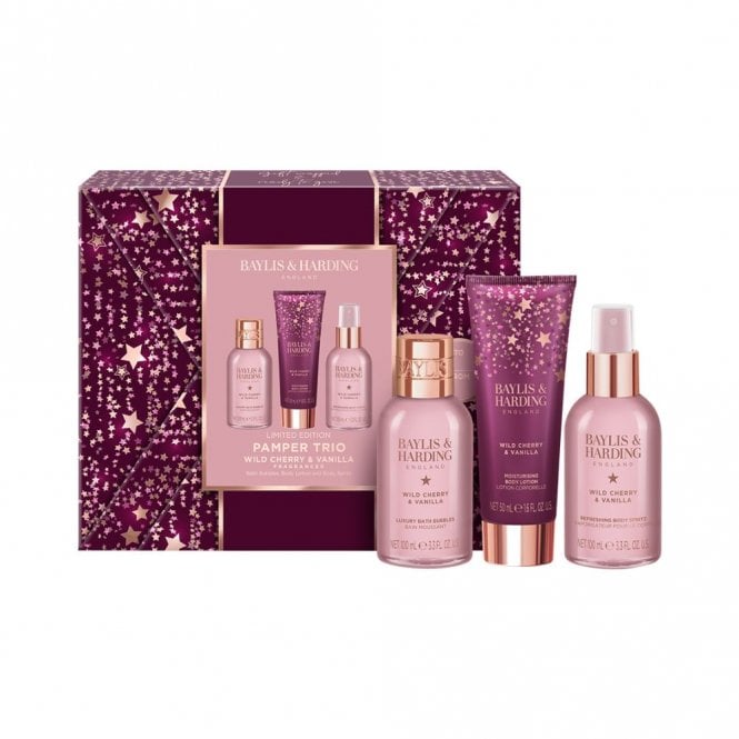 Baylis & Harding Wild Cherry & Vanilla Gift Wrapped Pamper Trio Gift Set100ml Bottle Bath Bubbles, 100ml Bottle Body Spritz, 50ml Tube Body Lotion