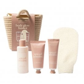 Body Collection Body Glow Basket Gift SetBasket, 100ml Body Wash, 150ml Bubble Bath, 50ml Shea Sugar Scrub, Exfoliating Wash Mitt