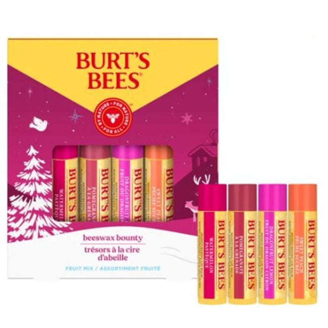 Burt's Bees Fruity Mix 4pc Gift Set4.25g Watermelon Lip Balm Stick, 4.25g Pomegranate Lip Balm Stick, 4.25g Dragonfruit Lemon Lip Balm Stick, 4.25g Sweet PeachLip Balm Stick