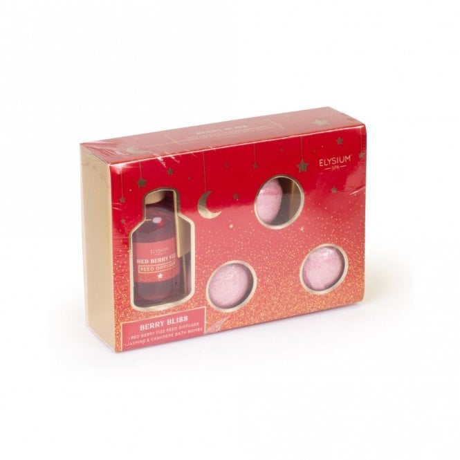 Elysium Spa Berry Bliss 4pc Gift Set100ml Red Berry Fizz Reed Diffuser, 3 x 50g Jasmine & Cashmere Bath Bombs