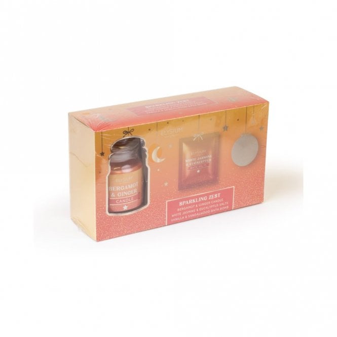 Elysium Spa Sparkling Zest 3pc Bath Gift Set85g Bergamot & Ginger Candle, 200g White Jasmine & Eucalyptus Bath Salts, 50g Vanilla & Sandalwood Bath Bomb