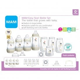 MAM Easy Start Newborn Bottle Set4 x 260ml Body Bottles, 2 x 130ml Bottles With Slow Flow Teats Size 0, 2 x 160ml Bottles With Slow Flow Teats Size 1, 0-2 Months Start Soother, Soft Bottle Spout, Hold My Bottle Handle