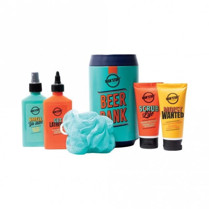 Man'Stuff Beer Bank Gift Set150ml Hair & Body Wash, 100ml Face & Body Moisturiser, 100ml Charcoal Face Scrub, 150ml Body Spray, Body Sponge
