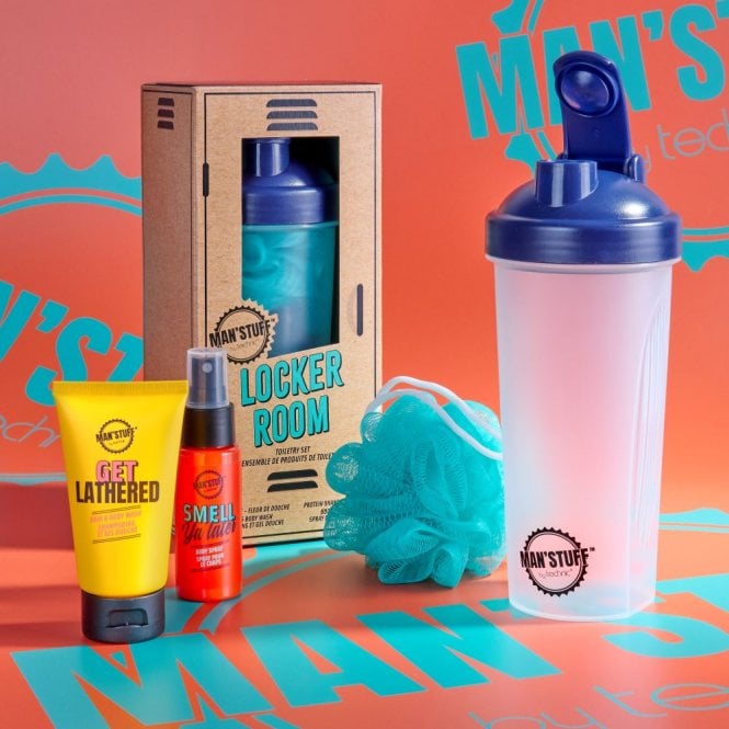 Man'Stuff Locker Room Gift SetProtein Shaker, 75ml Hair & Body Wash, 50ml Body Spray, Body Sponge