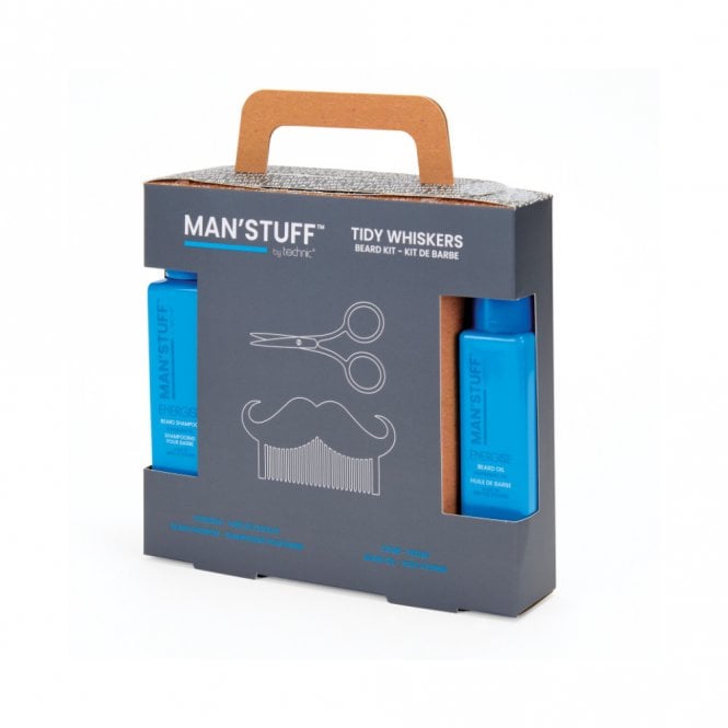 Man'Stuff Tidy Whiskers 75ml Energise Beard Shampoo, 30ml Energise Beard Oil, Moustache Comb, Scissors