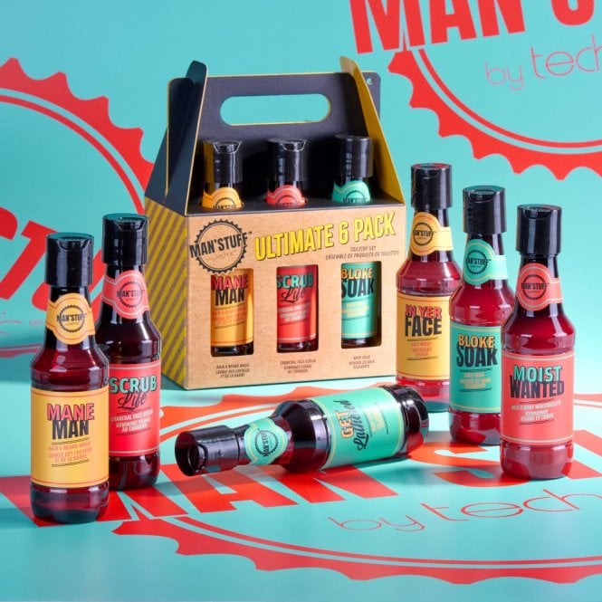 Man'Stuff Ultimate 6 Pack Gift Set150ml Body Wash, 150ml Hair & Beard Wash, 150ml Charcoal Face Scrub, 150ml Face Wash, 150ml Face & Body Moisturiser,150ml Bath Soak
