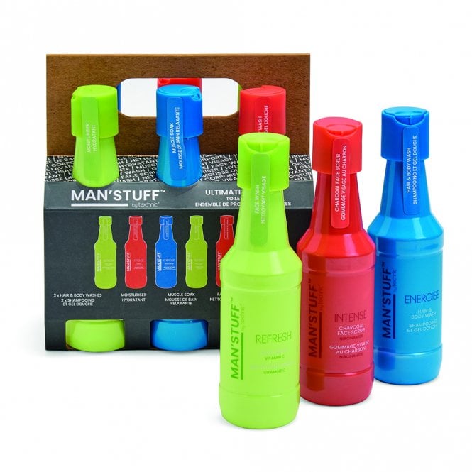 Man'Stuff Ultimate Six Pack150ml Energise Muscle Soak, 150ml Refresh Face Wash, 150ml Refresh Moisturiser, 150ml Intense Charcoal Face Scrub, 150ml Energise Hair & Body Wash, 150ml Intense Hair & Body Wash