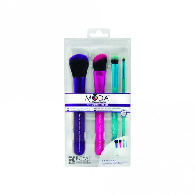 Moda 5pc Complete KitMulti-Purpose Powder Brush, Angle Foundation Brush, Domed Shadow Brush, Angle Eyeliner Brush, Zip Pouch