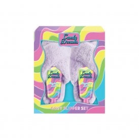 Xpel Candy Dreams Cosy Slipper Gift Set100ml Strawberry Laces Foot Lotion, 100ml Strawberry Laces Foot Scrub , A Pair Of Lilac Fluffy Crossover Slippers